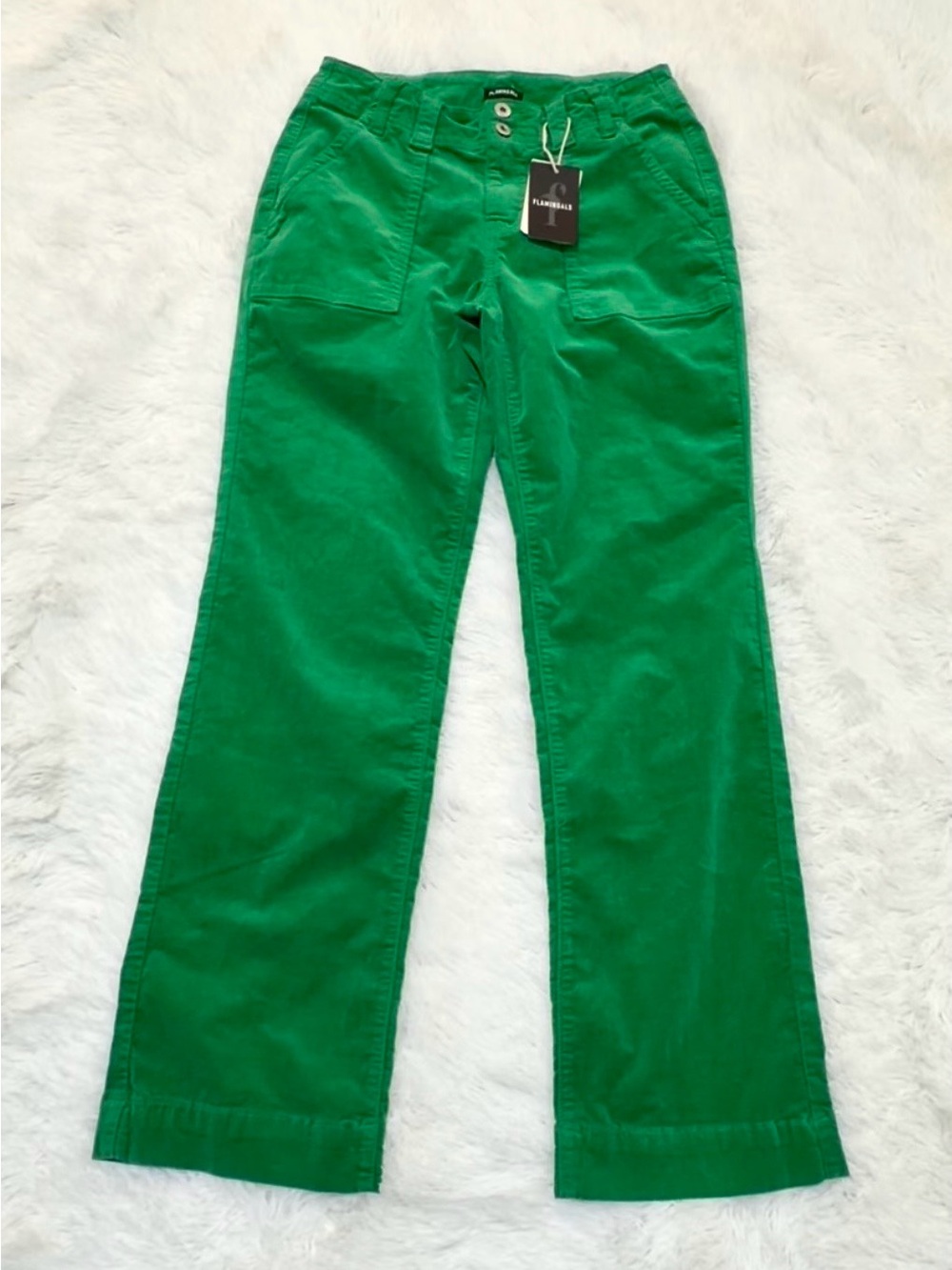Flamingals Women’s Green Corduroy Flare Leg Pants. Size L